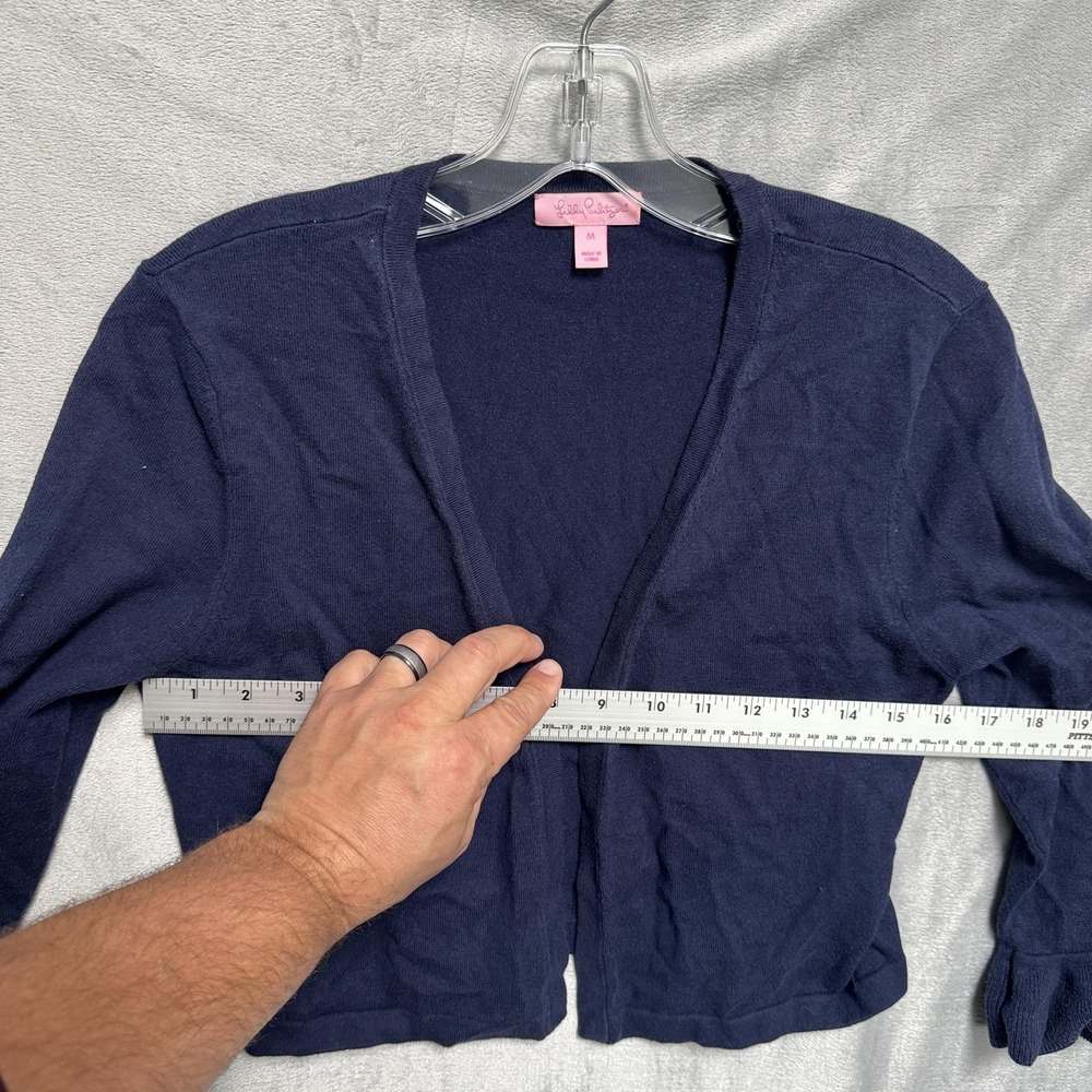 Lilly Pulitzer Cardigan‎ Womens Medium Navy Ruffle Cuff Open Front Lightweight - Picture 7 of 9
